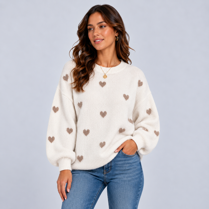 Floor | Warme Oversized Trui met Hartjesmotief – Ronde Hals en Comfortabele Pasvorm