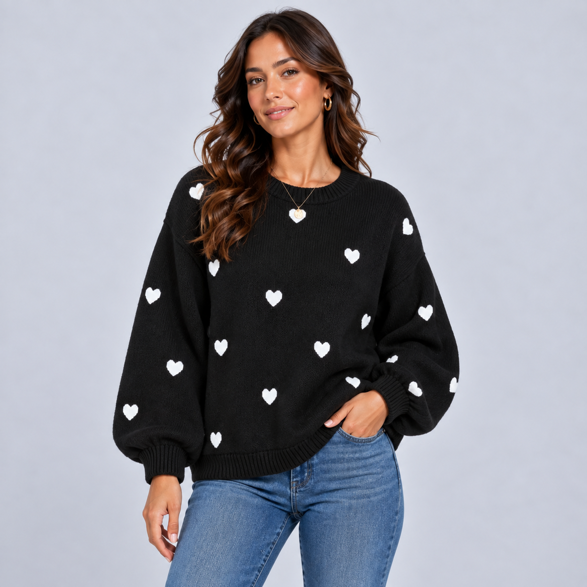 Floor | Warme Oversized Trui met Hartjesmotief – Ronde Hals en Comfortabele Pasvorm