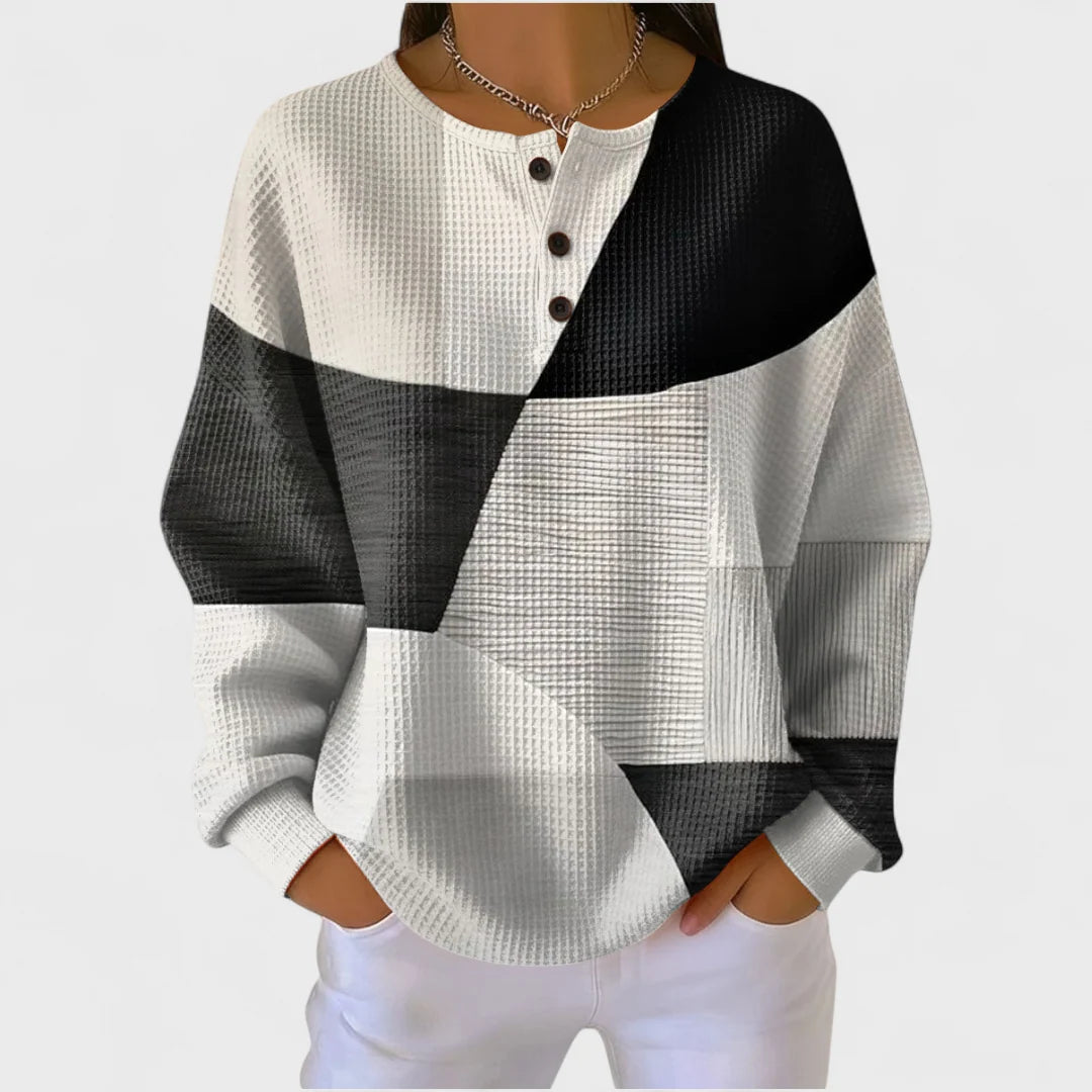 Iris | Dames Patchwork Trui – Ontspannen Pasvorm en Knoopjes bij de Hals