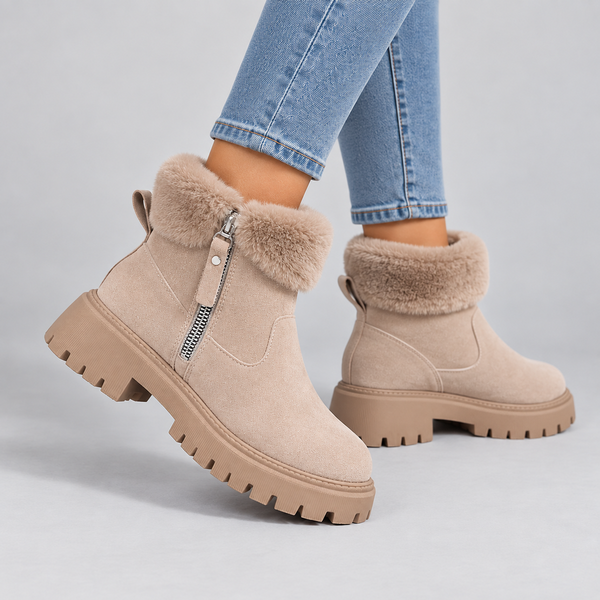 Iris | Warme Winterlaarzen in Suède-Look – Zachte Bontrand en Grove Profielzool
