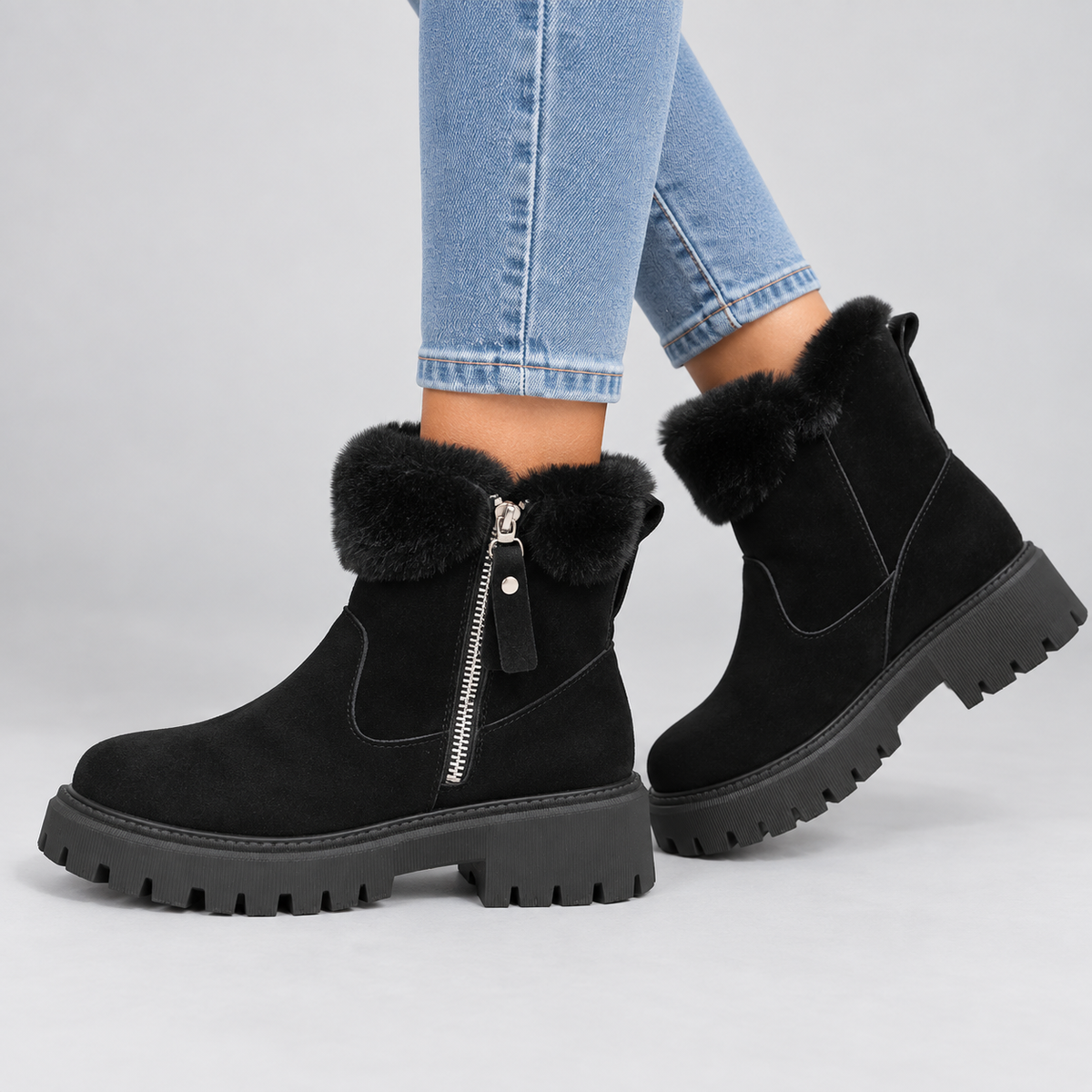 Iris | Warme Winterlaarzen in Suède-Look – Zachte Bontrand en Grove Profielzool