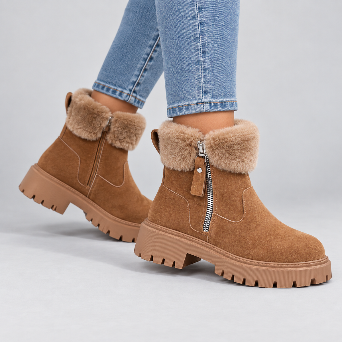 Iris | Warme Winterlaarzen in Suède-Look – Zachte Bontrand en Grove Profielzool