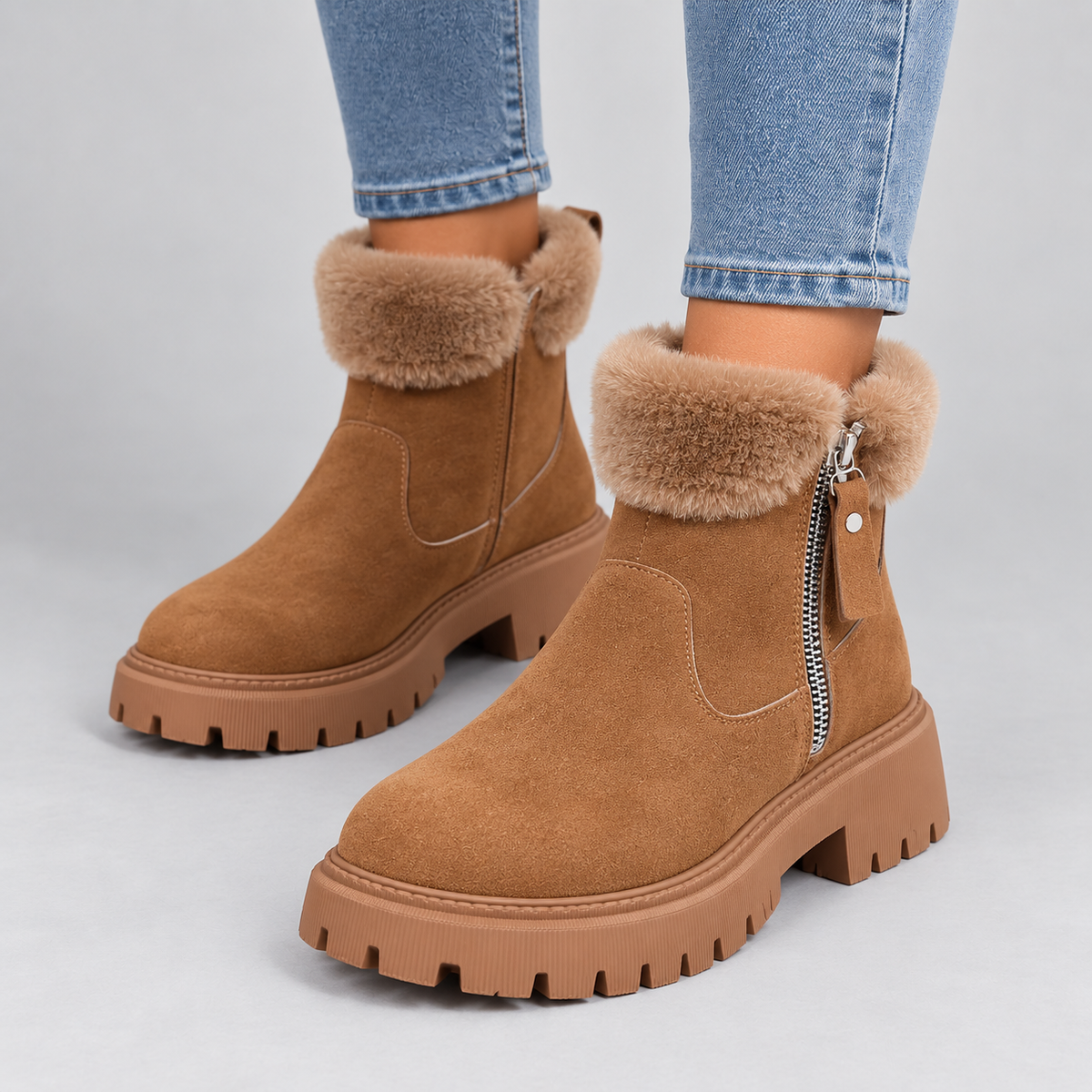 Iris | Warme Winterlaarzen in Suède-Look – Zachte Bontrand en Grove Profielzool