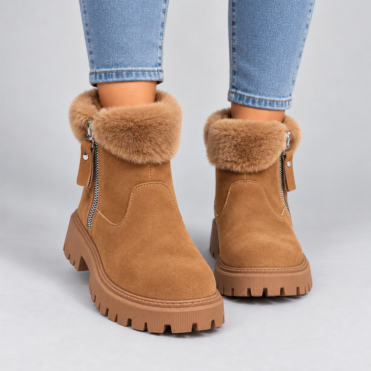 Iris | Warme Winterlaarzen in Suède-Look – Zachte Bontrand en Grove Profielzool