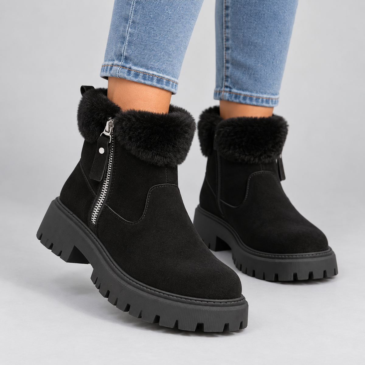Iris | Warme Winterlaarzen in Suède-Look – Zachte Bontrand en Grove Profielzool