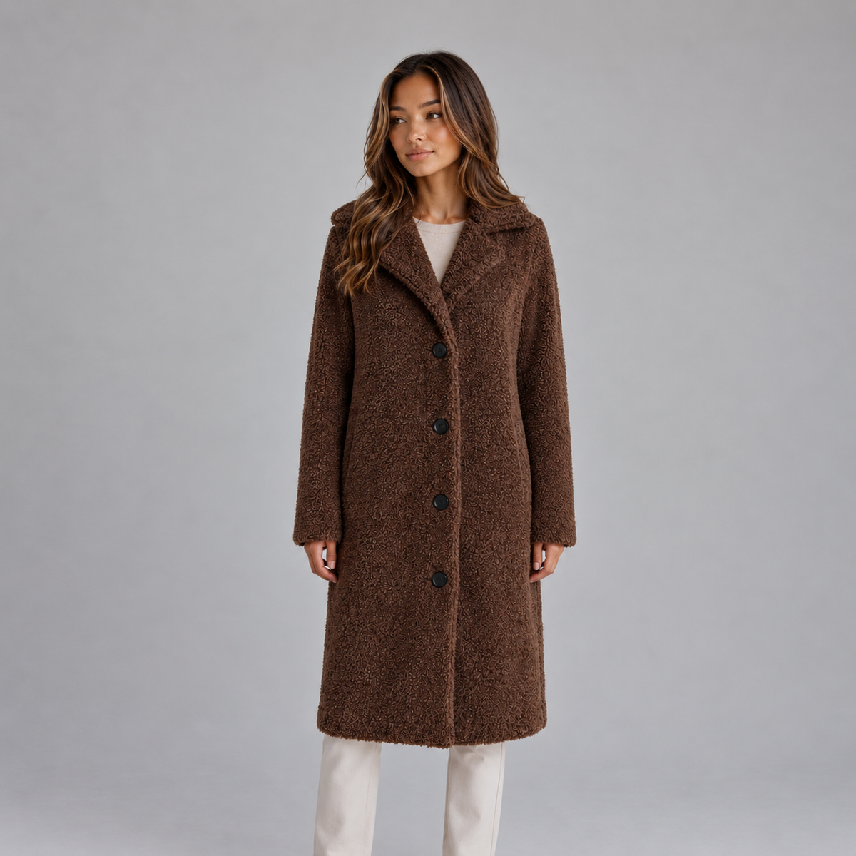 Isa | Dames Teddy Jas Lang Warm – Reverskraag en Knoopsluiting