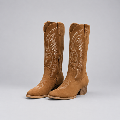 Isa | Western Boots in Suède-Look – Geborduurd Patroon en Kniehoge Schacht