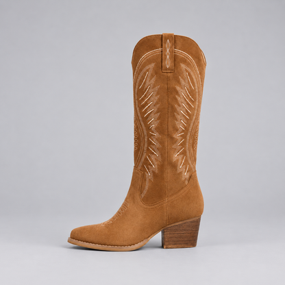 Isa | Western Boots in Suède-Look – Geborduurd Patroon en Kniehoge Schacht