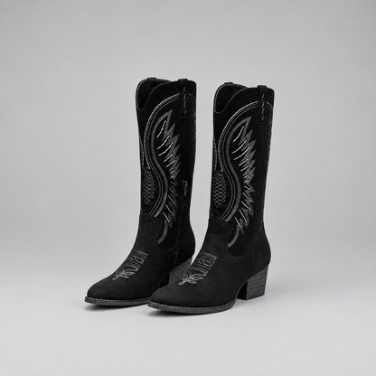 Isa | Western Boots in Suède-Look – Geborduurd Patroon en Kniehoge Schacht