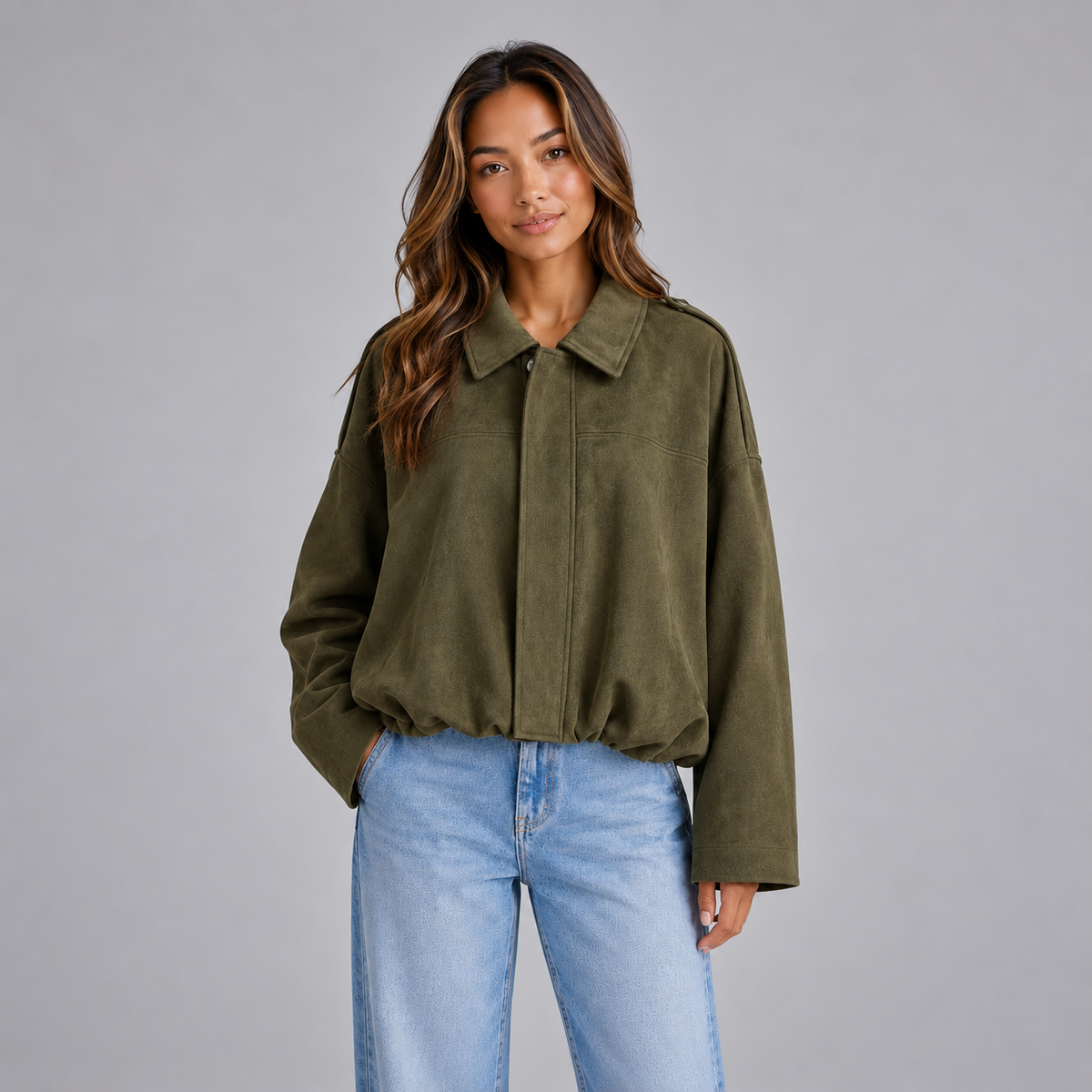 Jasmijn | Dames Bomberjack Oversized – Suède-look en Klassieke Kraag