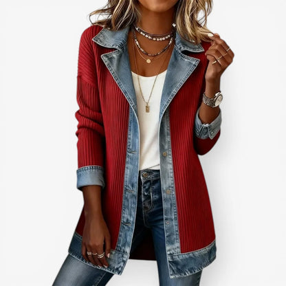 Jolien | Dames Vest Lang – Denim-look Reverskraag en Steekzakken