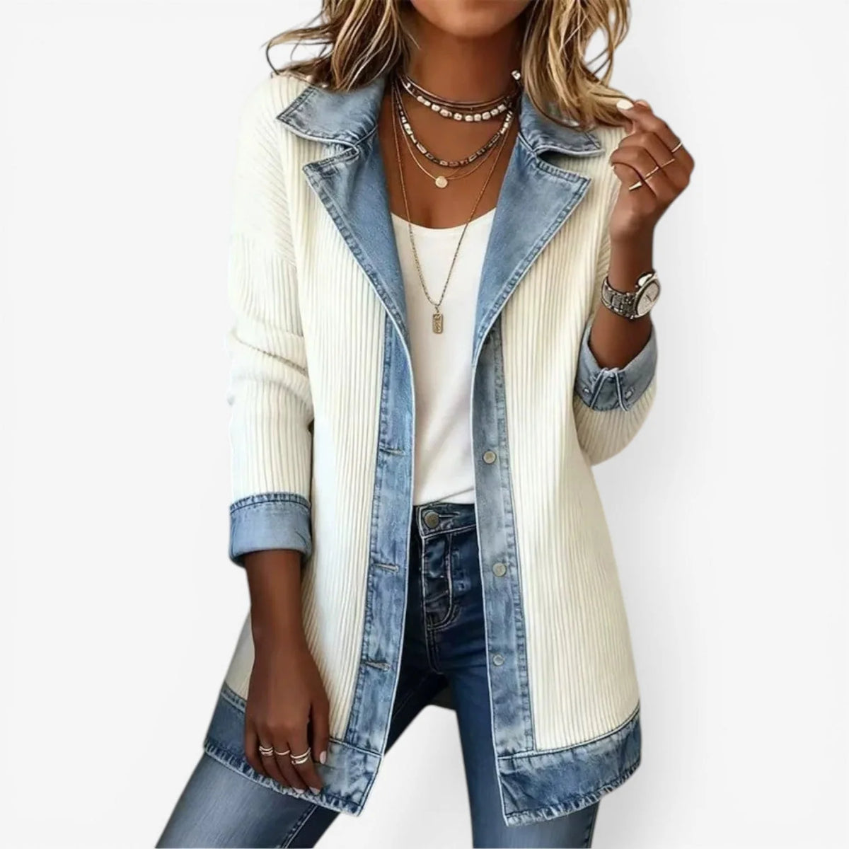 Jolien | Dames Vest Lang – Denim-look Reverskraag en Steekzakken