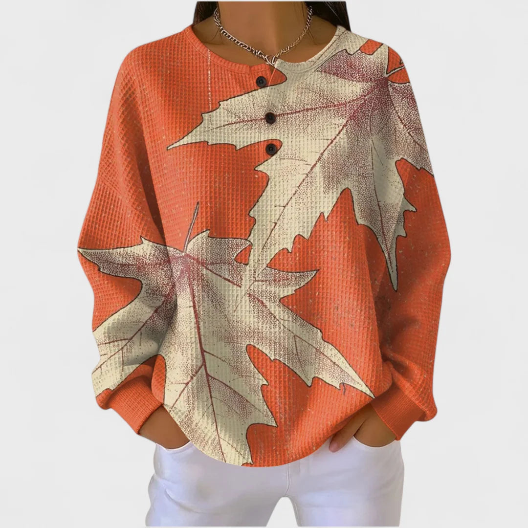 Julia | Dames Trui Gebreide Stijl – Knoopsluiting en Print met Herfstbladeren