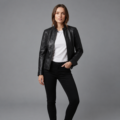 Kim | Cropped Jasje in Leerlook – Opstaande Kraag met Drukknoop en Figuurnaden