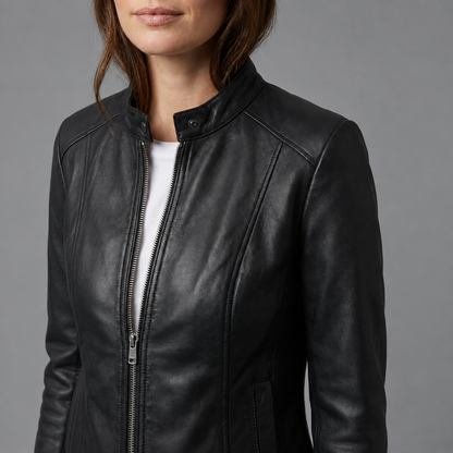 Kim | Cropped Jasje in Leerlook – Opstaande Kraag met Drukknoop en Figuurnaden