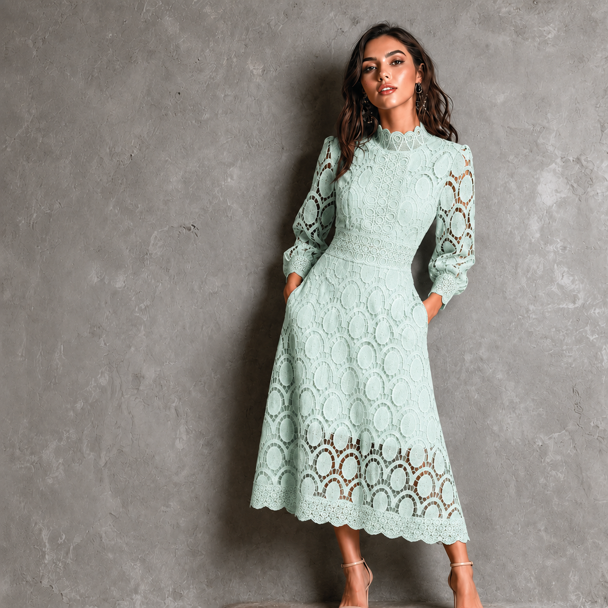 Elise | Kanten Midi Jurk – Verfijnd Bloemenkant en Elegante Lange Mouwen
