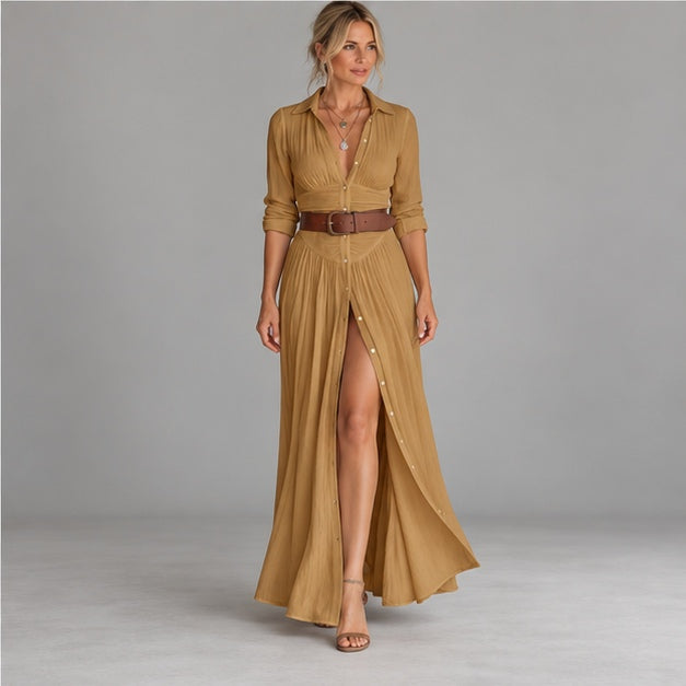 Lieke | Dames Maxi Jurk Elegant – Blousekraag en Beensplit
