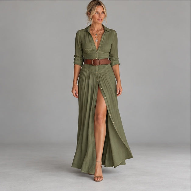 Lieke | Dames Maxi Jurk Elegant – Blousekraag en Beensplit