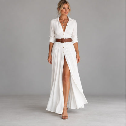 Lieke | Dames Maxi Jurk Elegant – Blousekraag en Beensplit