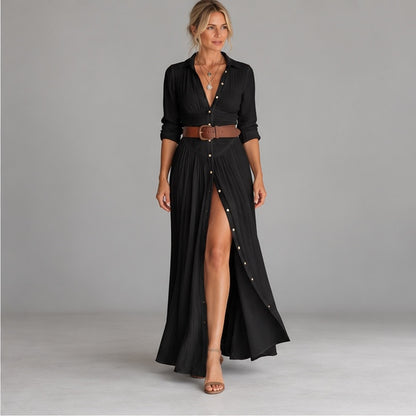 Lieke | Dames Maxi Jurk Elegant – Blousekraag en Beensplit