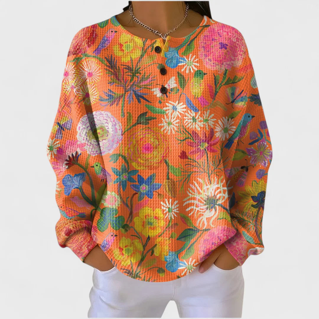 Lies | Dames Trui Gebreide Stijl – Knoopsluiting en Kleurrijke Bloemenprint