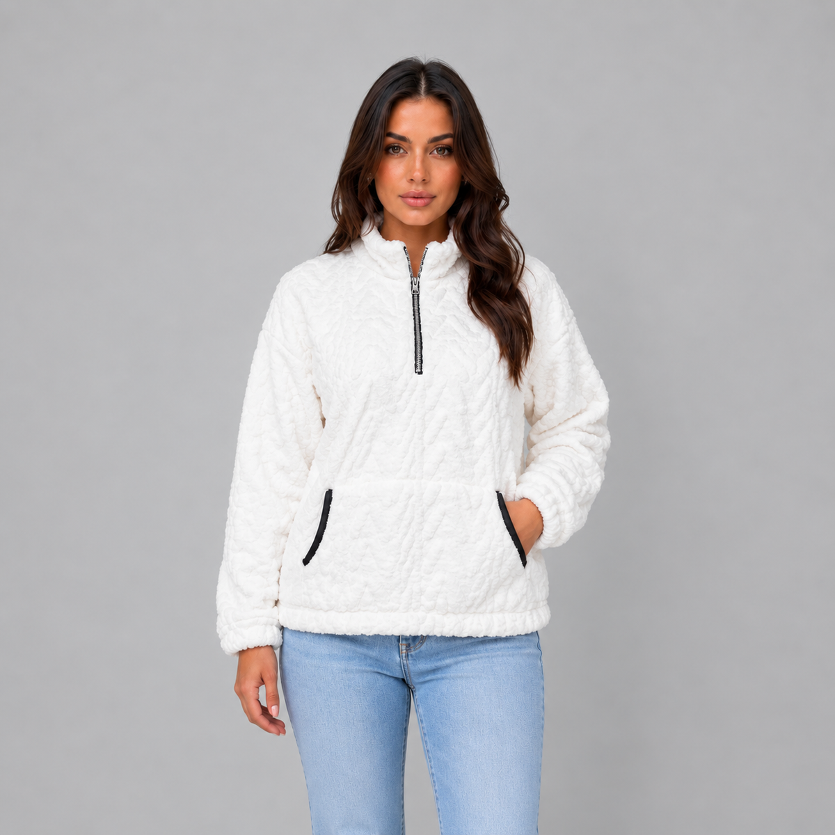 Loes | Dames Pluche Trui Half-Zip – Hoge Kraag en Warme Voorzakken