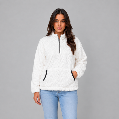 Loes | Dames Pluche Trui Half-Zip – Hoge Kraag en Warme Voorzakken