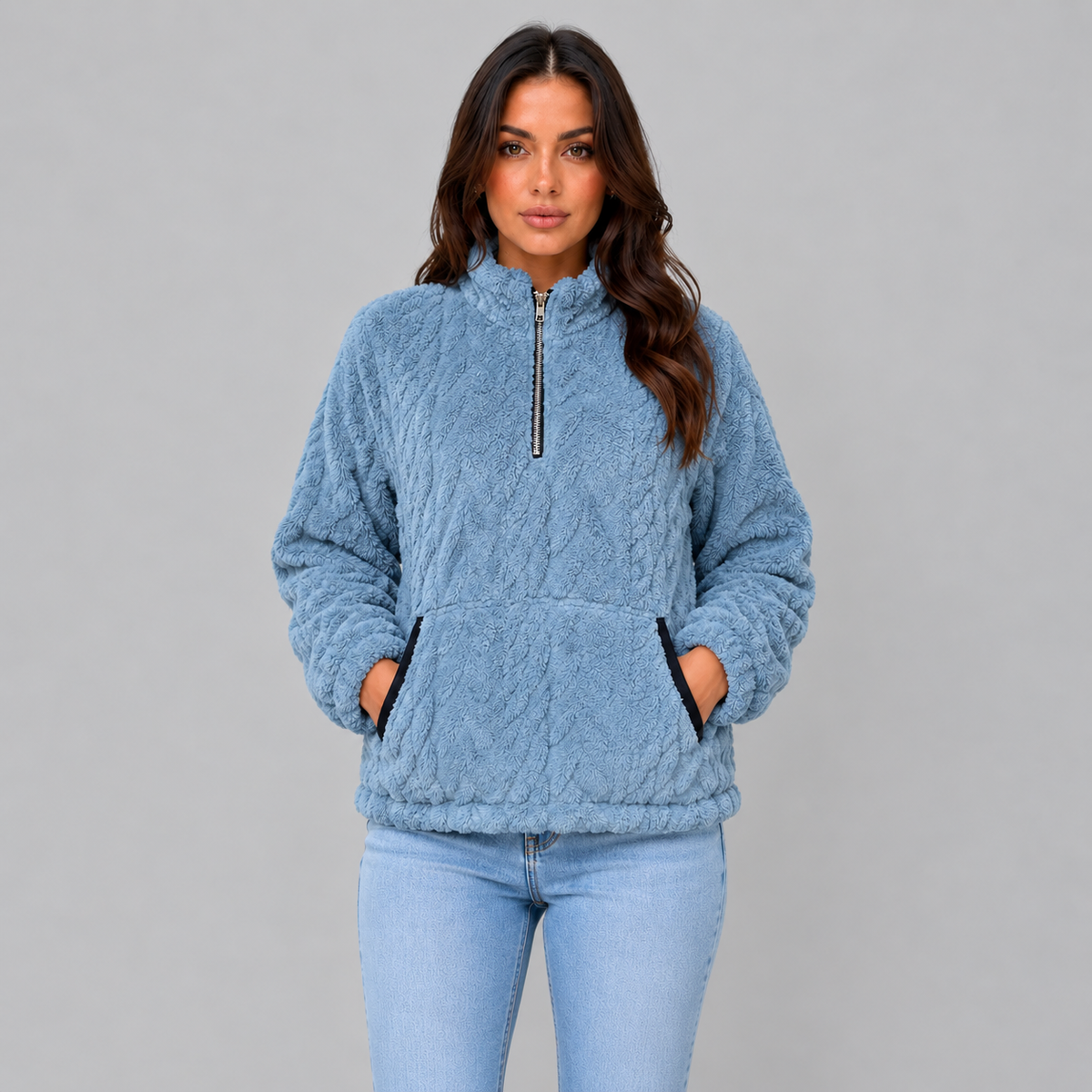 Loes | Dames Pluche Trui Half-Zip – Hoge Kraag en Warme Voorzakken