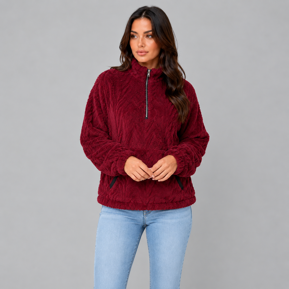 Loes | Dames Pluche Trui Half-Zip – Hoge Kraag en Warme Voorzakken