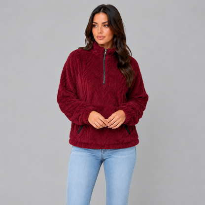 Loes | Dames Pluche Trui Half-Zip – Hoge Kraag en Warme Voorzakken