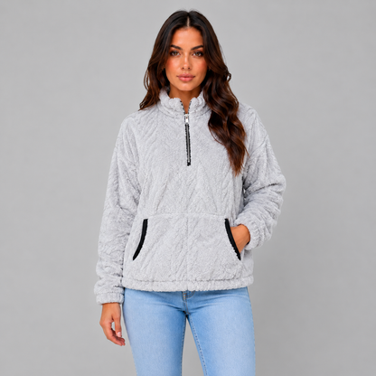 Loes | Dames Pluche Trui Half-Zip – Hoge Kraag en Warme Voorzakken