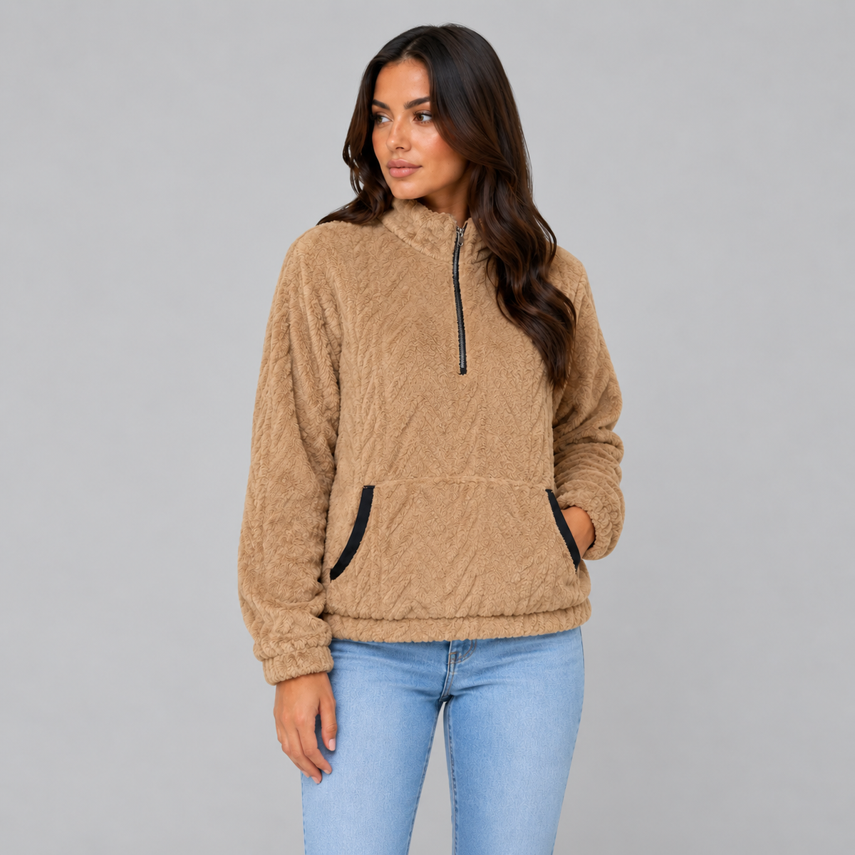 Loes | Dames Pluche Trui Half-Zip – Hoge Kraag en Warme Voorzakken
