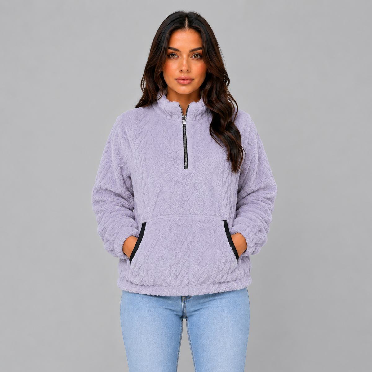 Loes | Dames Pluche Trui Half-Zip – Hoge Kraag en Warme Voorzakken