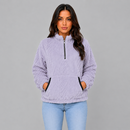 Loes | Dames Pluche Trui Half-Zip – Hoge Kraag en Warme Voorzakken