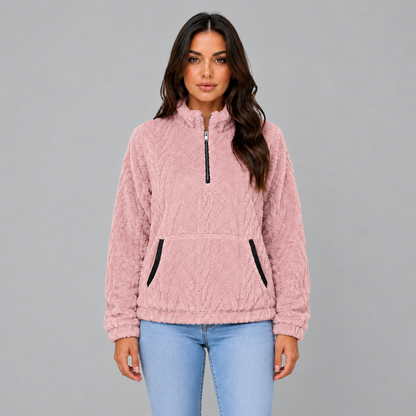 Loes | Dames Pluche Trui Half-Zip – Hoge Kraag en Warme Voorzakken