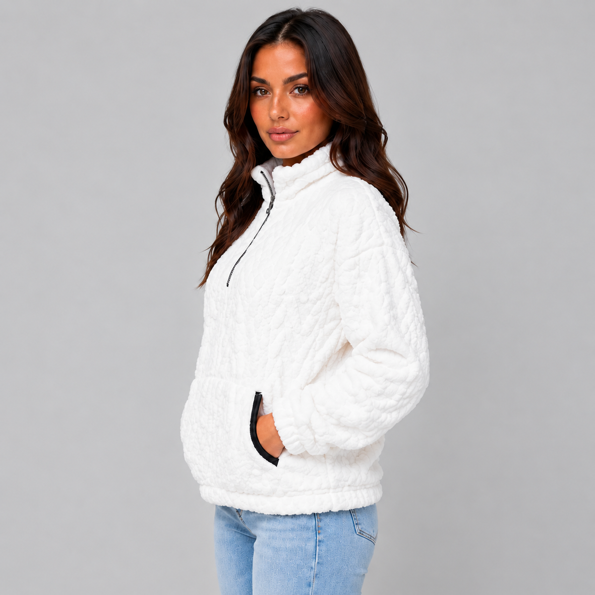 Loes | Dames Pluche Trui Half-Zip – Hoge Kraag en Warme Voorzakken