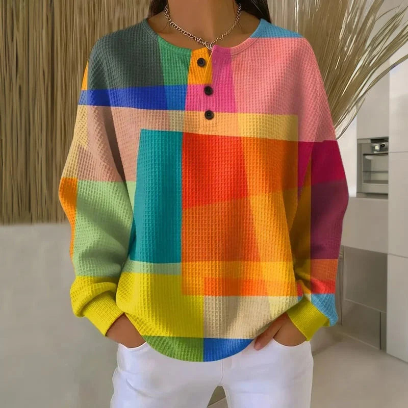 Lotte | Dames Trui Gebreide Stijl – Knoopsluiting en Vrolijke Kleurblok Print