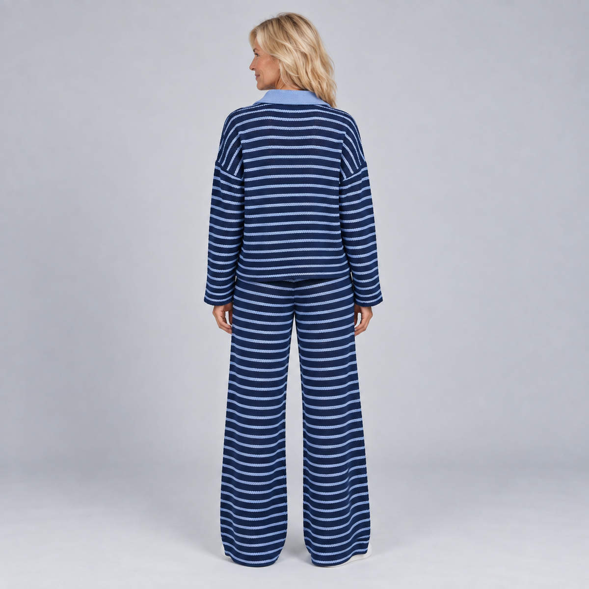 Lotte | Warme Tweedelige Set – Gestreepte Trui met Kraag en Wijde Broek
