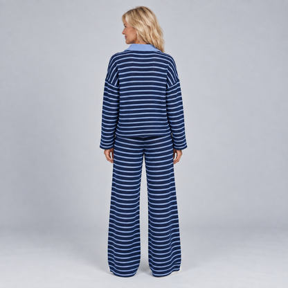 Lotte | Warme Tweedelige Set – Gestreepte Trui met Kraag en Wijde Broek