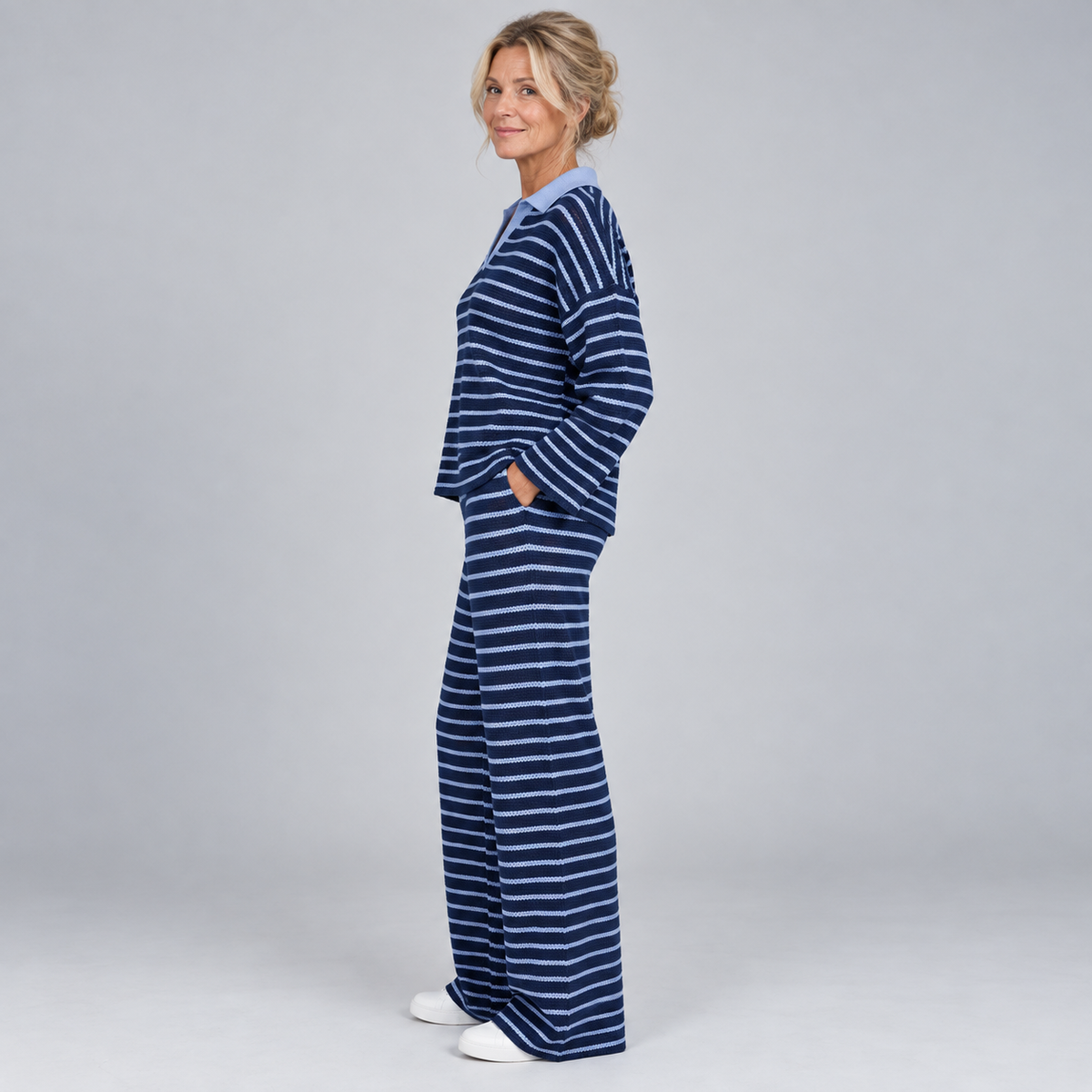 Lotte | Warme Tweedelige Set – Gestreepte Trui met Kraag en Wijde Broek