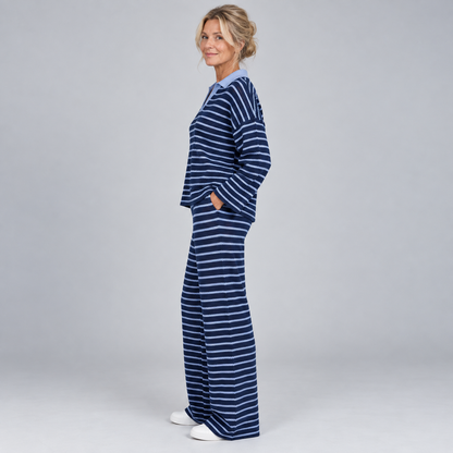 Lotte | Warme Tweedelige Set – Gestreepte Trui met Kraag en Wijde Broek