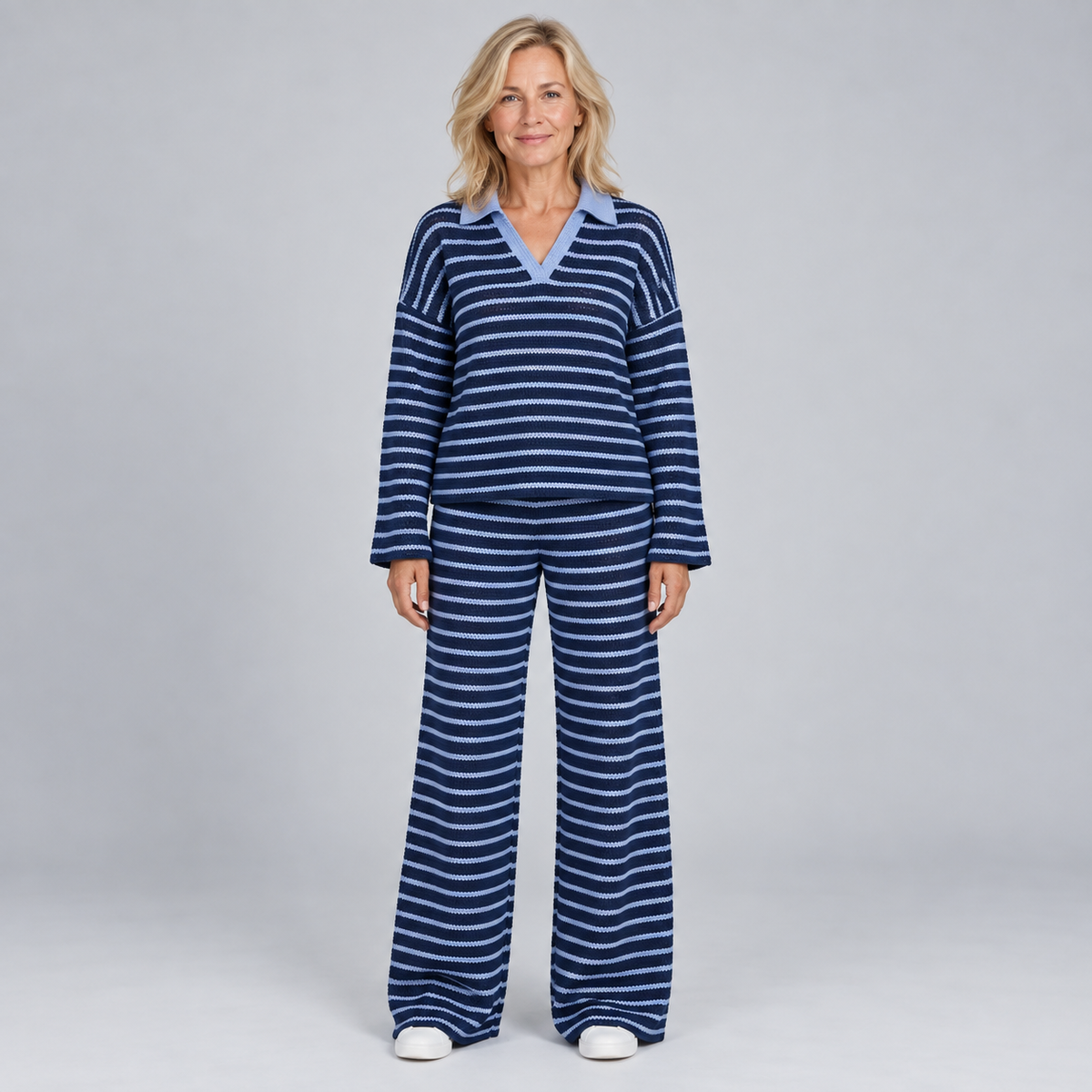Lotte | Warme Tweedelige Set – Gestreepte Trui met Kraag en Wijde Broek