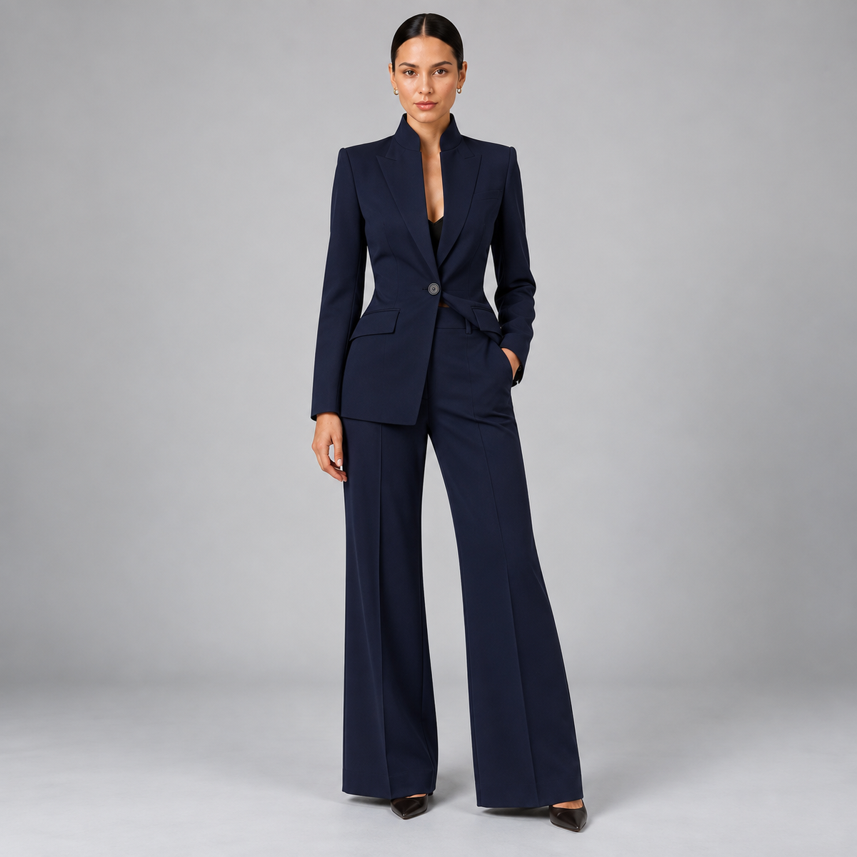 Louise | Dames Broekpak Kraagloos – Getailleerde Blazer en Wijde Pantalon