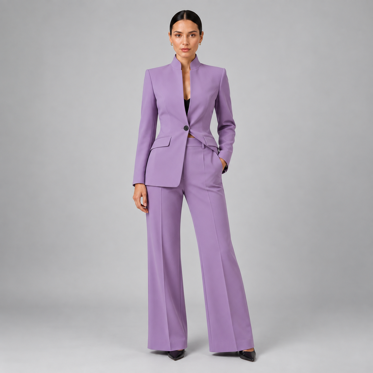 Louise | Dames Broekpak Kraagloos – Getailleerde Blazer en Wijde Pantalon