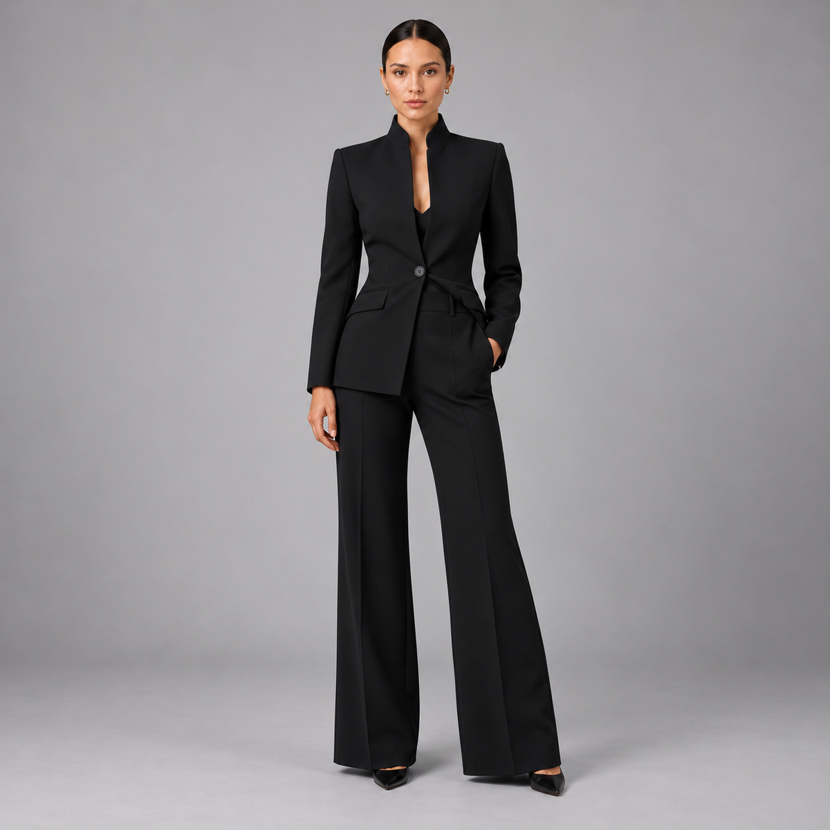 Louise | Dames Broekpak Kraagloos – Getailleerde Blazer en Wijde Pantalon