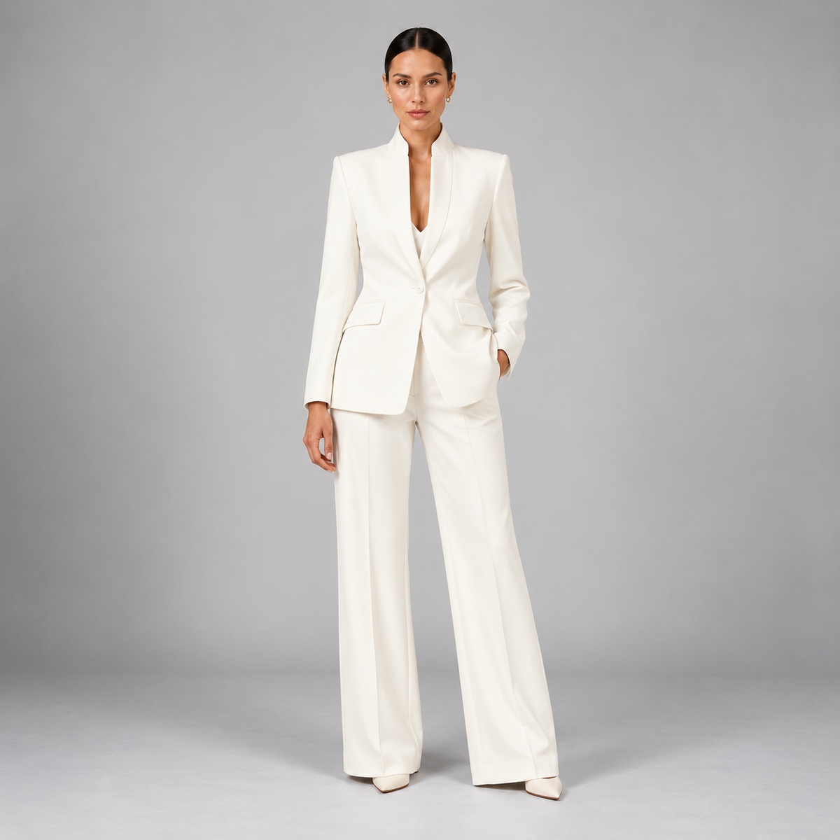 Louise | Dames Broekpak Kraagloos – Getailleerde Blazer en Wijde Pantalon