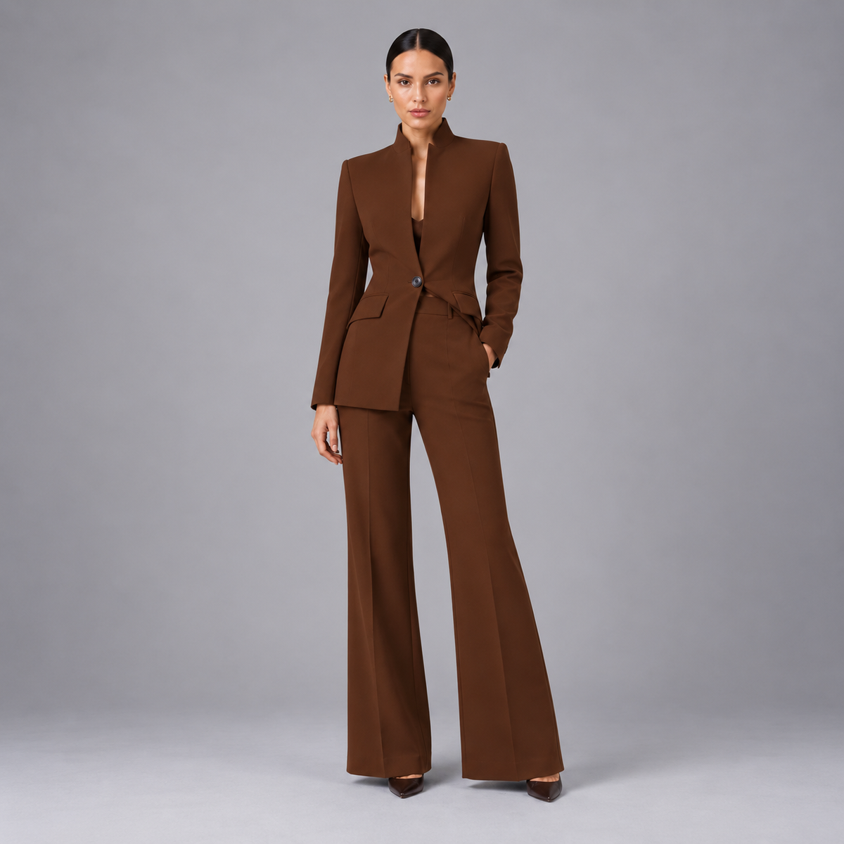 Louise | Dames Broekpak Kraagloos – Getailleerde Blazer en Wijde Pantalon