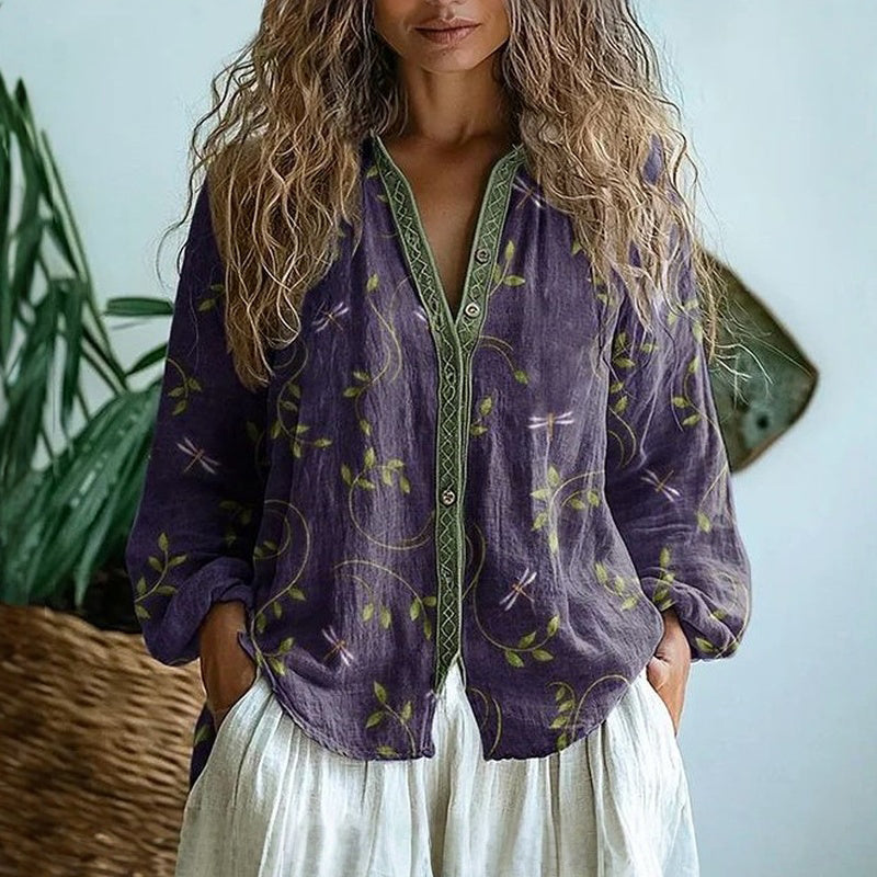 Lovia - Boho Linnen Blouse Dames met Bloemenprint en V-hals