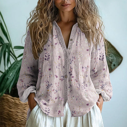 Lovia - Boho Linnen Blouse Dames met Bloemenprint en V-hals