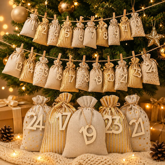 Lovia | DIY Adventskalender Zakjes 2026 – 24 Vulbare Stoffen Zakjes en Houten Cijfers